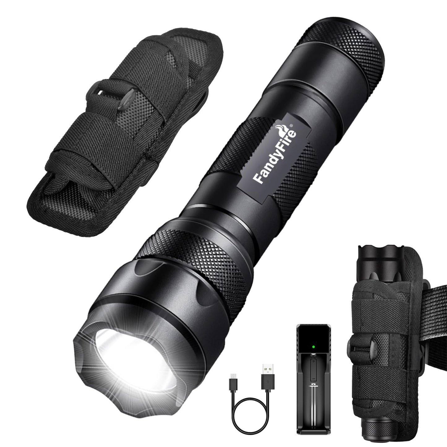 FandyFire 1000 Lumen Tactical Flashlight with Holster, Super Bright Single Mode Law Enforcement - Police LED Flashlight for Security and Duty Belt Mini Torch 502B