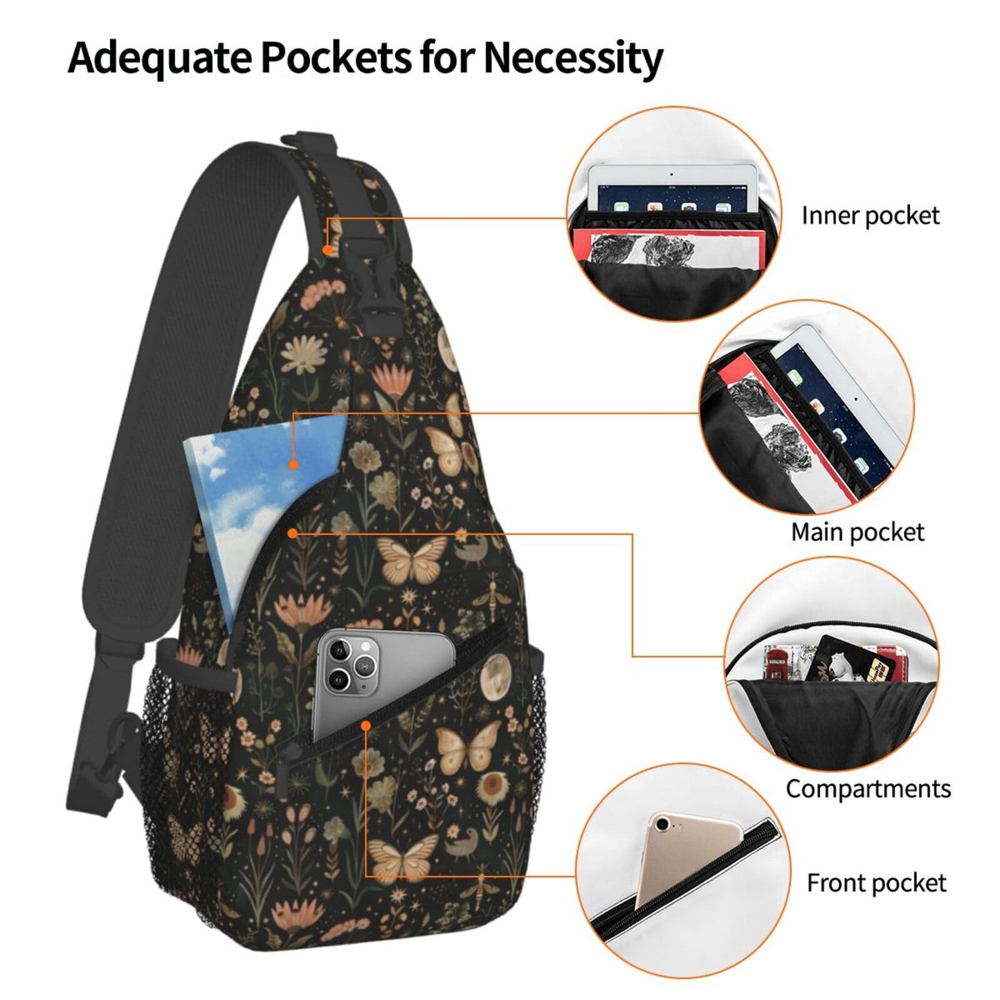 SUPLUCHOM Sling Bag Vintage Butterfly Moon Flower Hiking Daypack Crossbody Shoulder Backpack Travel Chest Pack for Men Women