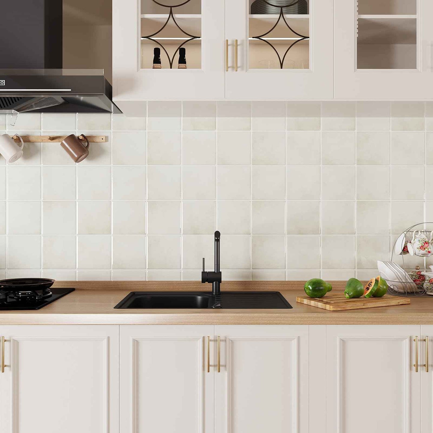 VEELIKE Cream Beige Peel and Stick Backsplash for Kitchen Square Peel and Stick Tile Backsplash 6 Sheets Self Adhesive Back Splash Tiles for Bathroom Waterproof Ceramic Wall Tile Stickers 12''x12''