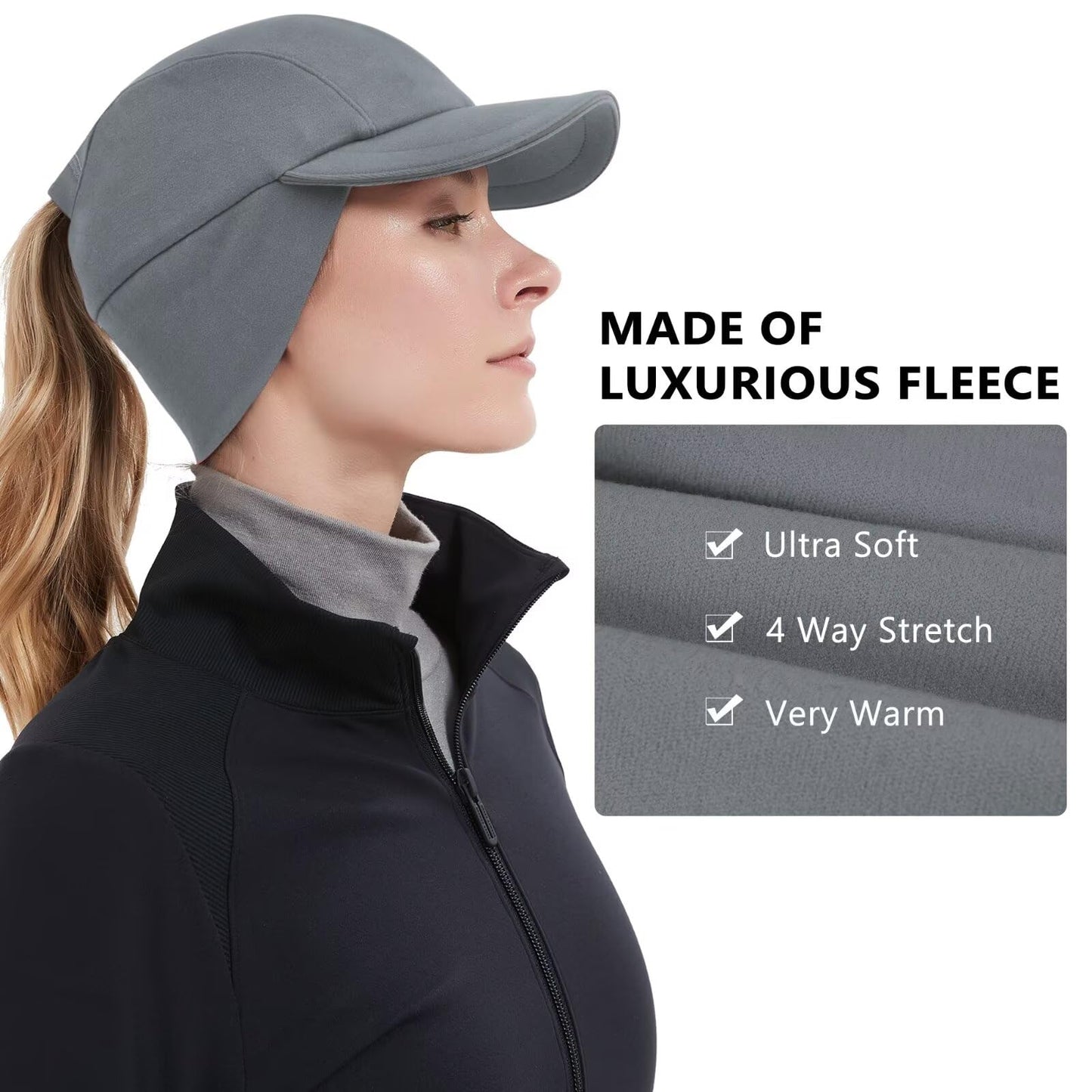 GADIEMKENSD Winter Fleece Hats Reflective Ponytail Hat for Women Ball Caps with Earflap Drop Down Ear Warmer Mens Skull Cap Beanie with Visor Cold Hat for Outdoor Hiking Running Snow Ski Light Gray
