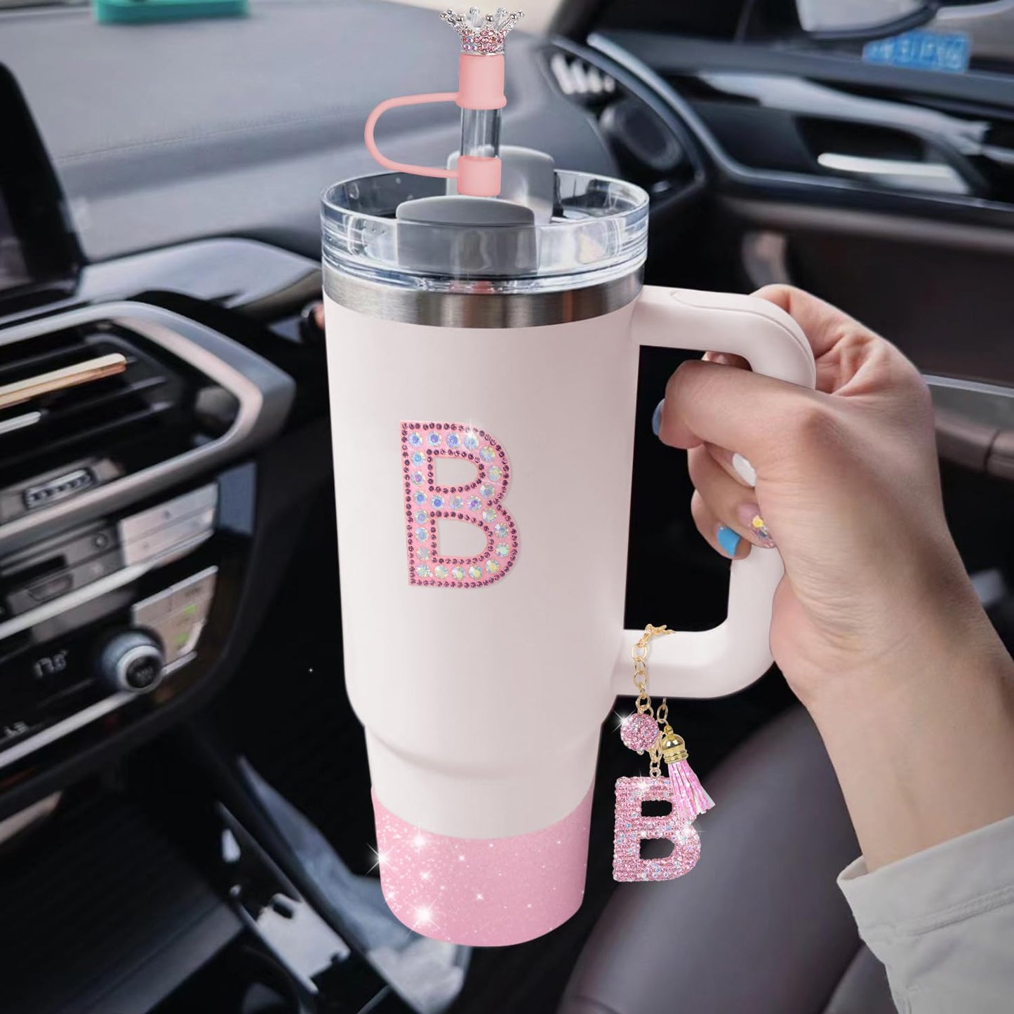 JUNIQUTE Pink Diamond Letter Charms Accessories For Handle Set,Bottom Protector for 40oz 30oz Stanley Cup Diamond Crown Straw Cover & Sticker (M)