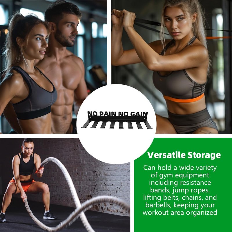 Home Gym Accessories Organization Storage Rack Equipment For Home 8 Hook Wall Hanger Display Gear Barbells Resistance Bands Jump Ropes Lifting Belt Hanger Accessories Hardware Included NO PAIN NO GAIN