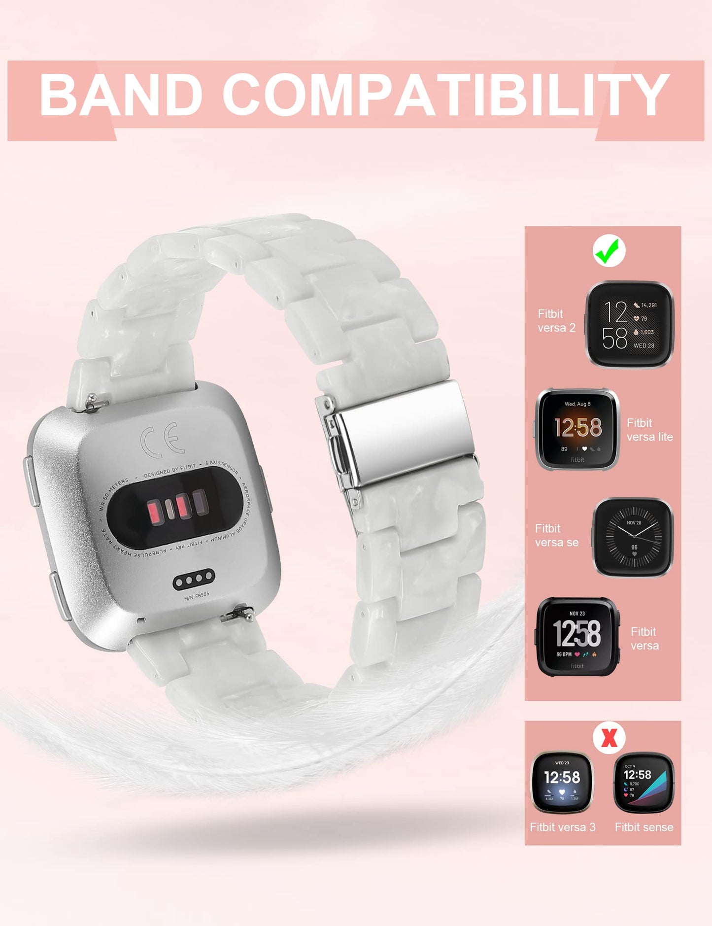 Wearlizer Resin and Stainless Steel Compatible with Fitbit Versa/Versa 2 /Versa Lite/Versa SE Bands Women Men, Lightweight Replacement Compatible with Fitbit Versa,Grey