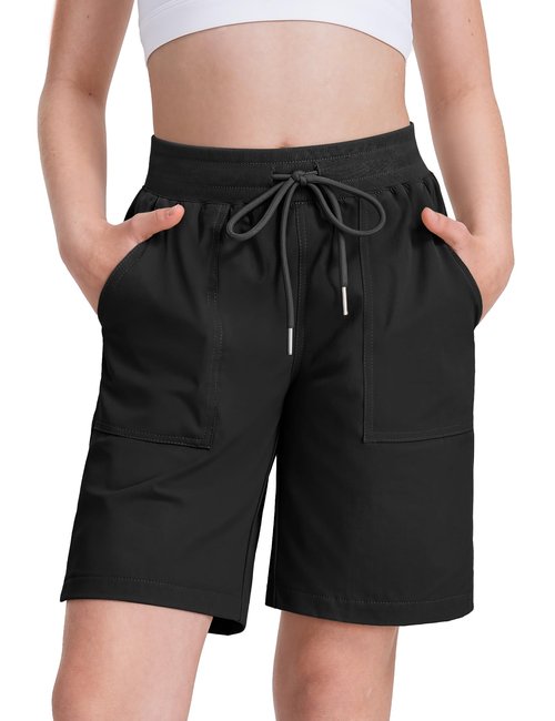 HASMES Girls Athletic Bermuda Shorts with Pockets Lightweight Quick Dry Hiking Cargo Running Shorts for Kids 7-14Y Black