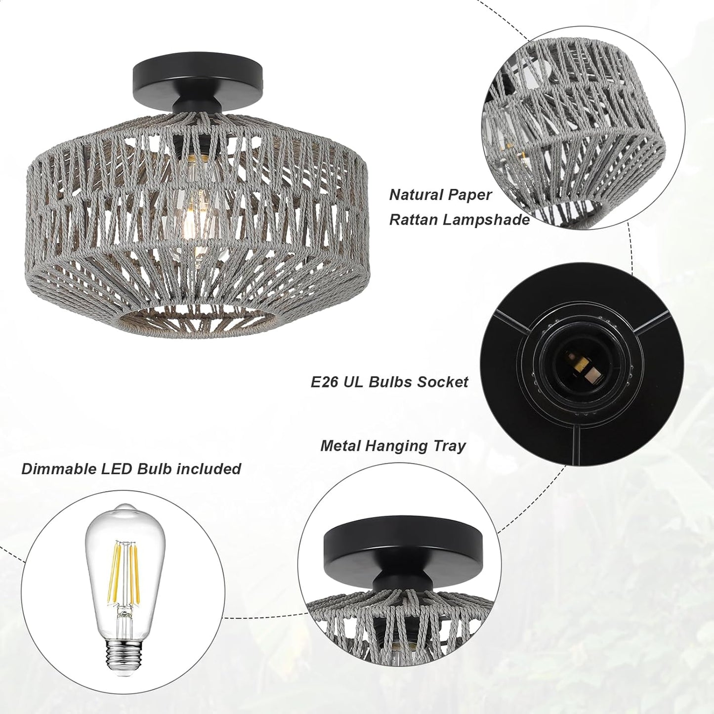 Boho Rattan Chandelier Ceiling Light Fixture with Dimmable LED Bulb - Hand Woven Flush Mount for Hallway, Bedroom, Kitchen & Living Room