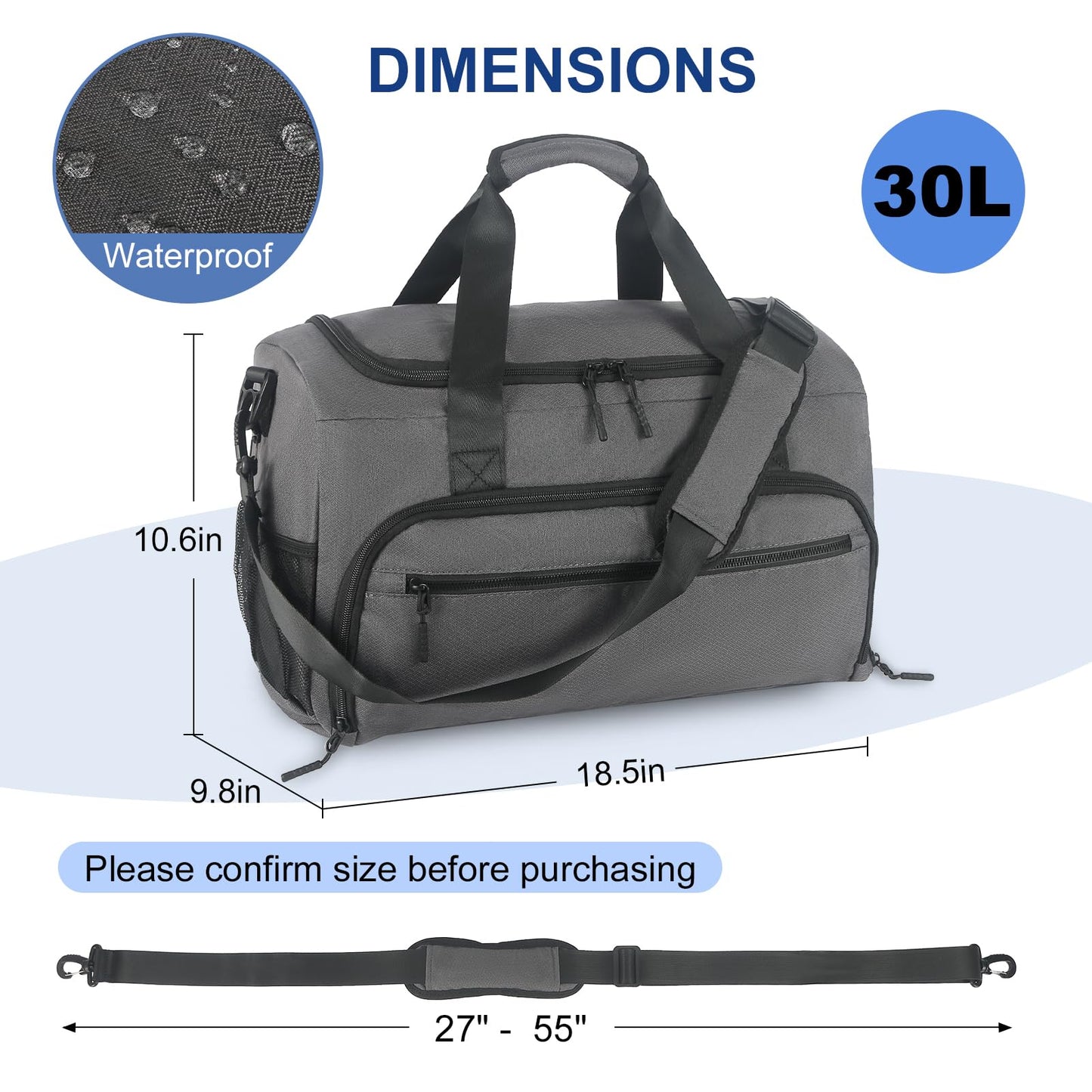 Gym Bag for Men Women, Sports Duffle Bag with Wet Pocket & Shoes Compartment, Water Resistant Overnight Weekender Bag Duffel Bag - Grey