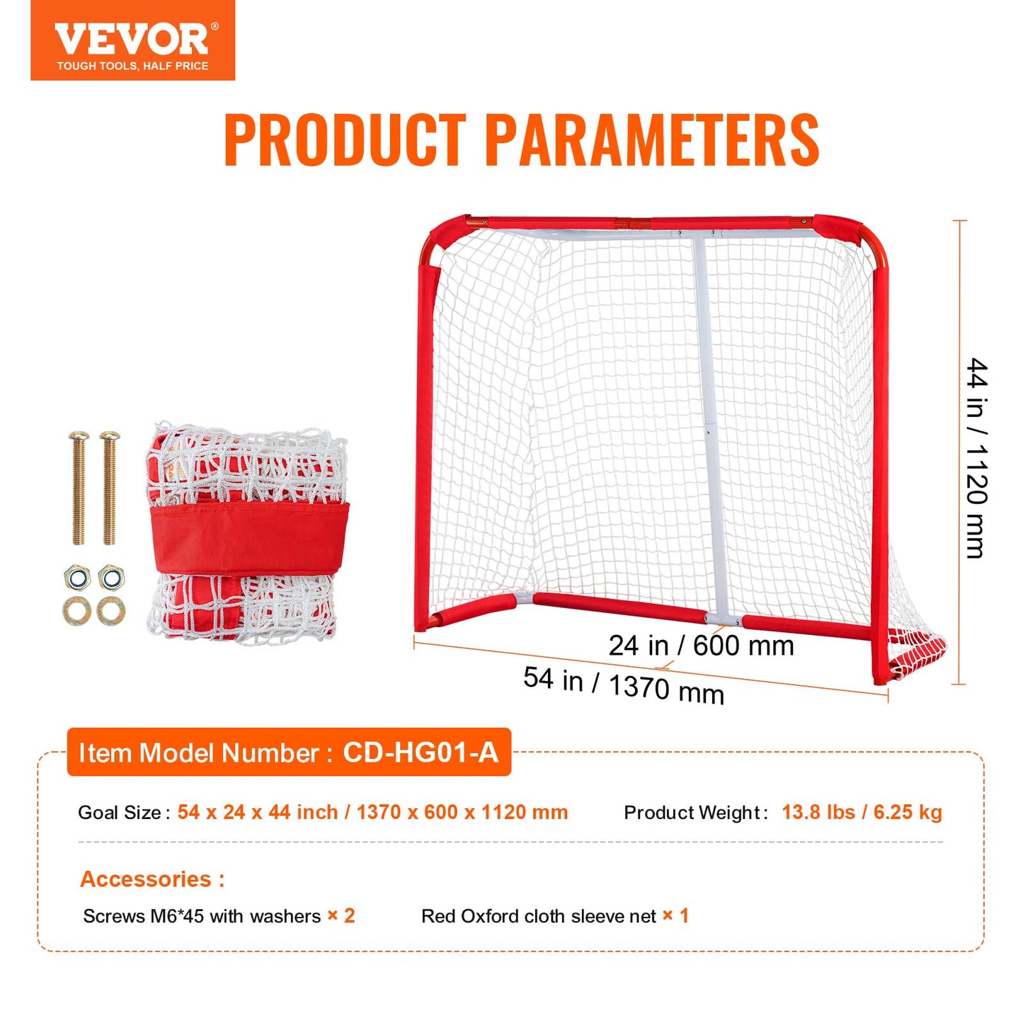 VEVOR Youth Street Hockey Net, Indoor Outdoor Steel Hockey Goal, Portable Lightweight Youth Street + Roller for Kids, Junior Training Goal Set with Net, Easy Assemble, 54" x 44", White/Red