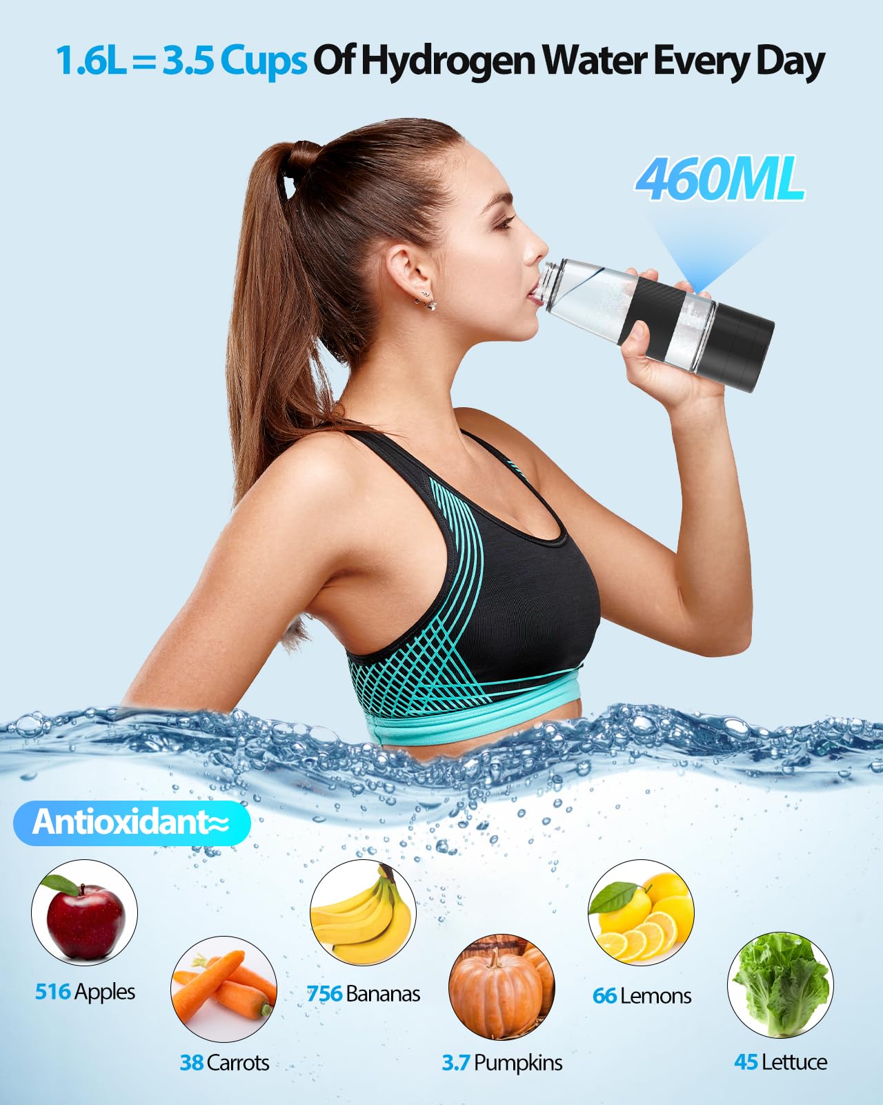 Hydrogen Water Bottle 3300+ PPB, 460ML/16.23OZ Rapid Hydrogen Water Generator - SPE/PEM Tech, Portable Rechargeable 1200 mAh Hydro Water Machine, for Home Office Travel Fitness Drinking