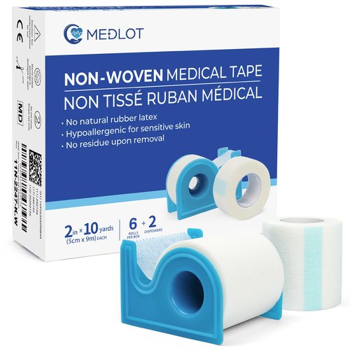 LotFancy Medical Tape, 6Rolls 2inch x 10Yards, Adhesive Hypoallergenic Surgical Paper Tapes, Wound First Aid Tape, 2 Dispensers Included