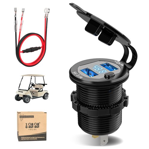 10L0L Golf Cart USB Ports 2 in 1 Dual Outputs & LED Display Voltage Meter Universal for Club Car, EZGO & Yamaha, Quick Charge 3.1A,Metal Shell Safe Charging Socket 9V-48V Voltage Input