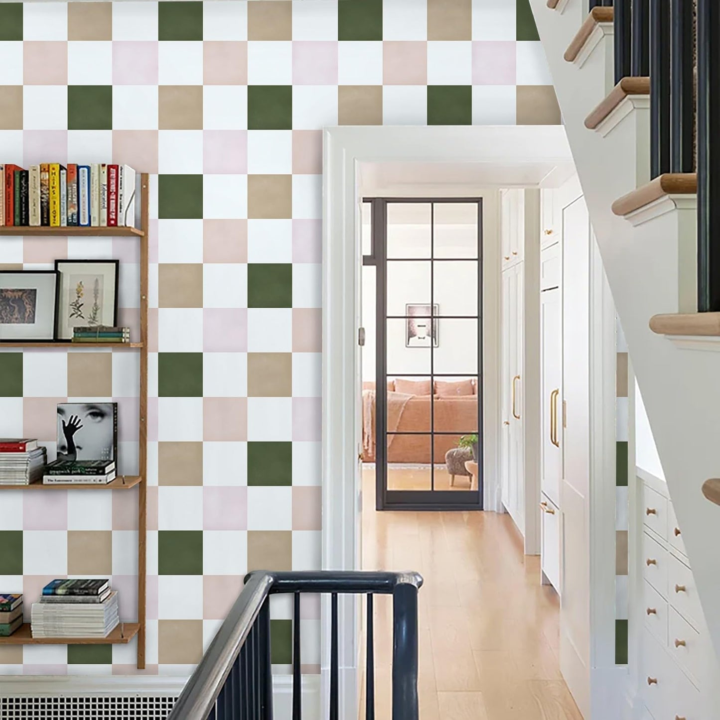 Ismoon Wall Paper Peel and Stick Modern Plaid Wallpaper 17.3" x 78.7" Green and White Mosaic Checkered Wallpaper Geometric Contact Paper for Bathroom Cabinets and Drawers Decor