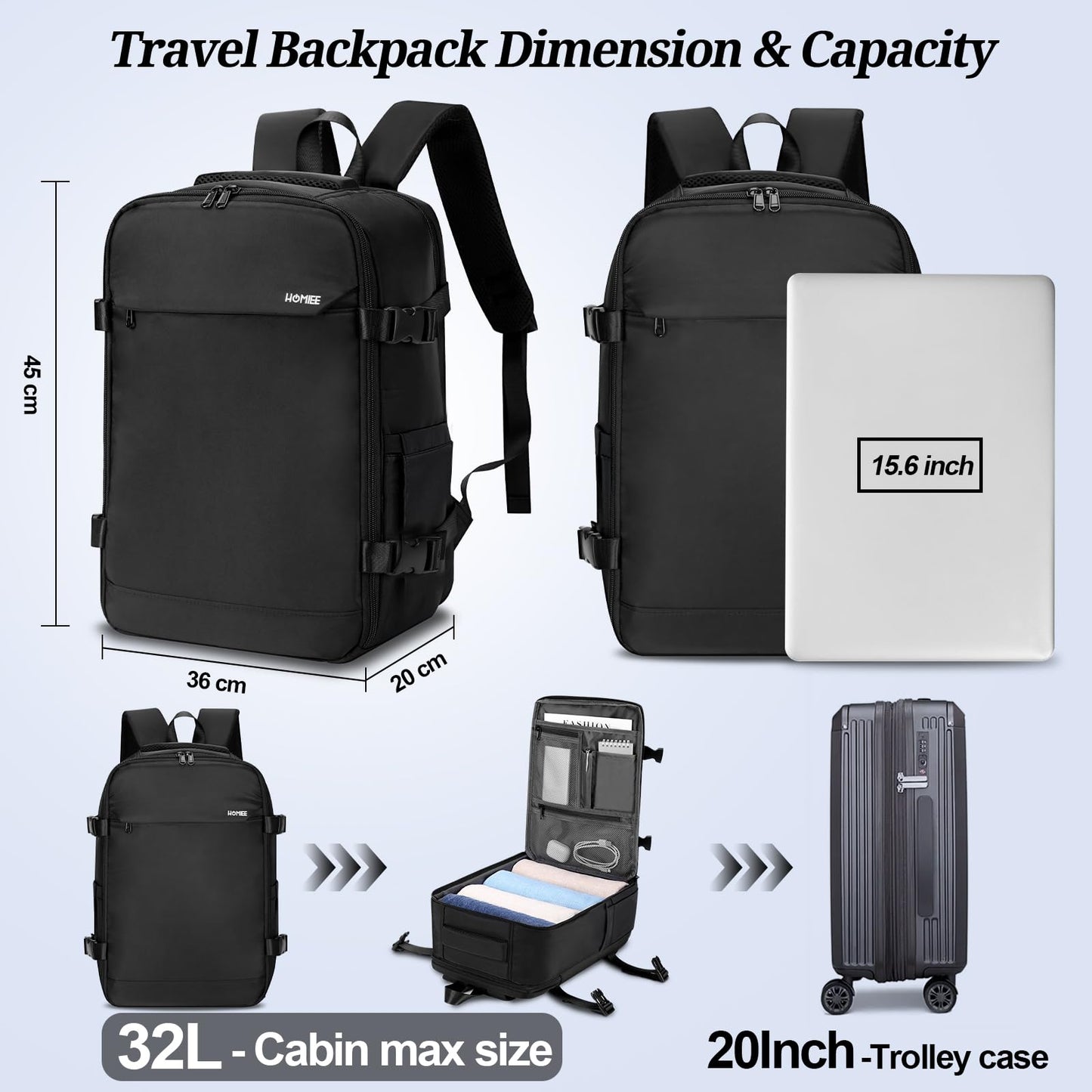 HOMIEE Travel Backpack for Men Women, TSA Approved Carry on Personal Item Bag, Water Resistant College Work Gym Hiking Backpack Casual Daypack