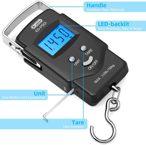 Dr.meter Fish Scale with Lip Gripper - 110lb Digital Weight Scale & Measuring Tape | Stainless Steel Fishing Tool