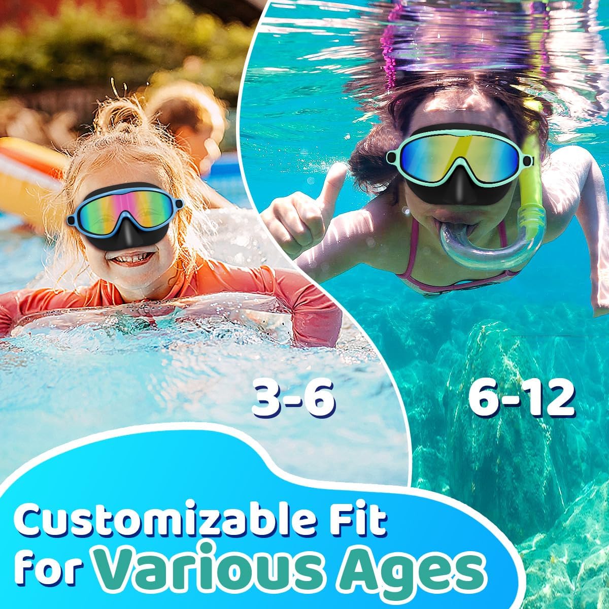 Vvinca Swim Goggles - Anti-Fog Wide View Diving Mask with Nose Cover | 2-Pack for Kids Ages 3-15