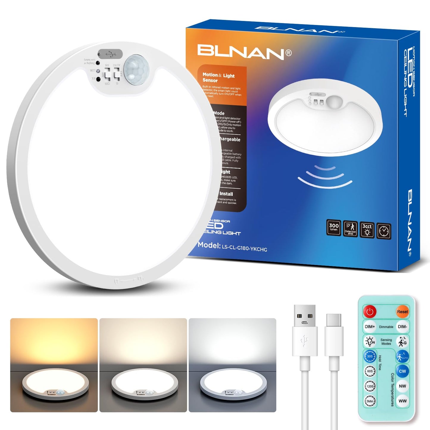 BLNAN Rechargeable Motion Sensor Ceiling Light with Remote, Dimmable Closet Light, LED Shower Lights, Waterproof Battery Operated Ceiling Light for Closet Shower Stairs Shed Hallway Porch
