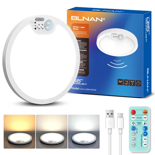 BLNAN Rechargeable Motion Sensor Ceiling Light with Remote, Dimmable Closet Light, LED Shower Lights, Waterproof Battery Operated Ceiling Light for Closet Shower Stairs Shed Hallway Porch