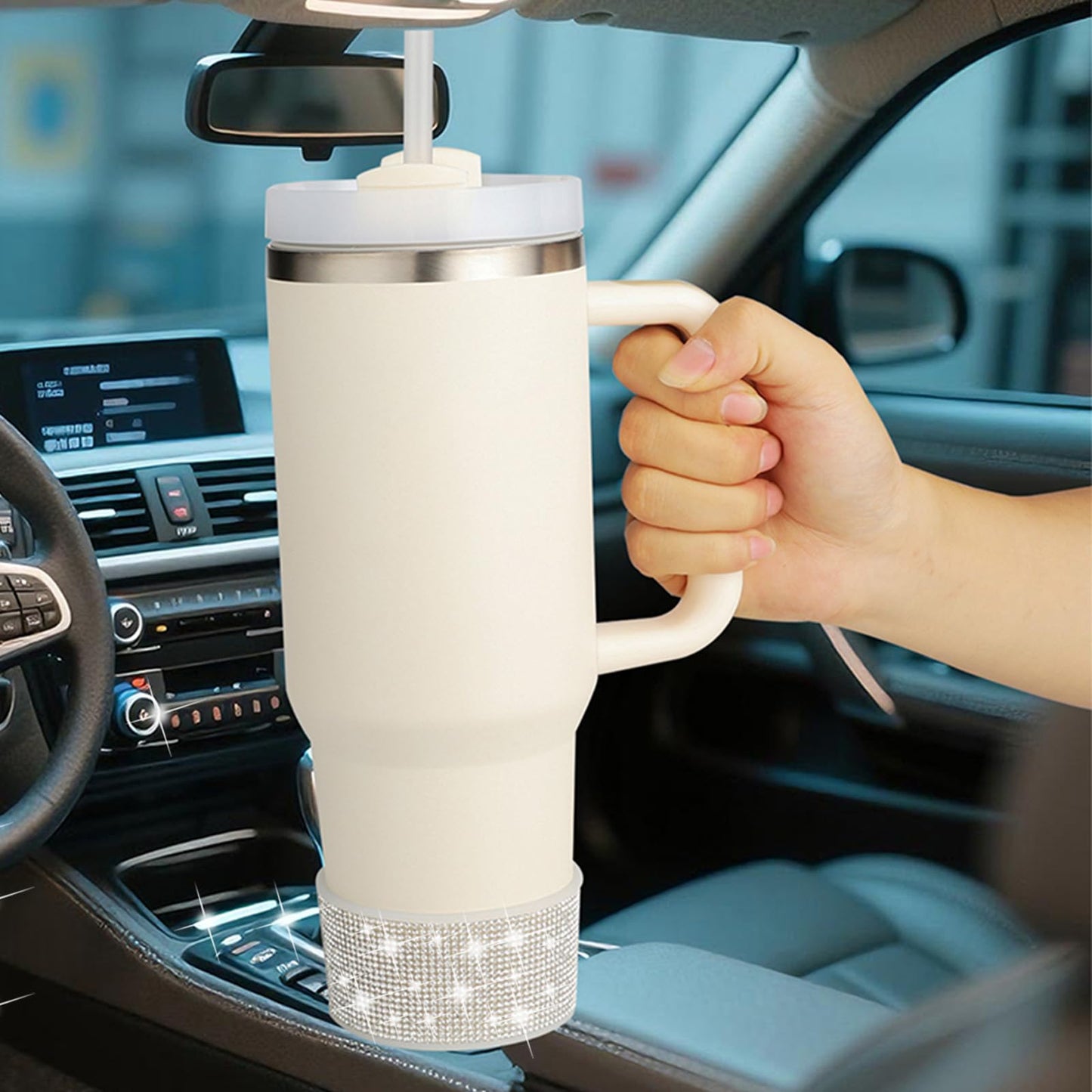 Rhinestone Silicone Boot for 30 oz Stanley Quencher, Anti-Slip Silicone Protector for Qunercher Pro tour Flip 300z, Cup Accessories for 2.75-2.87 inch Trapezoidal Cylinder Base Water Bottles Bottom