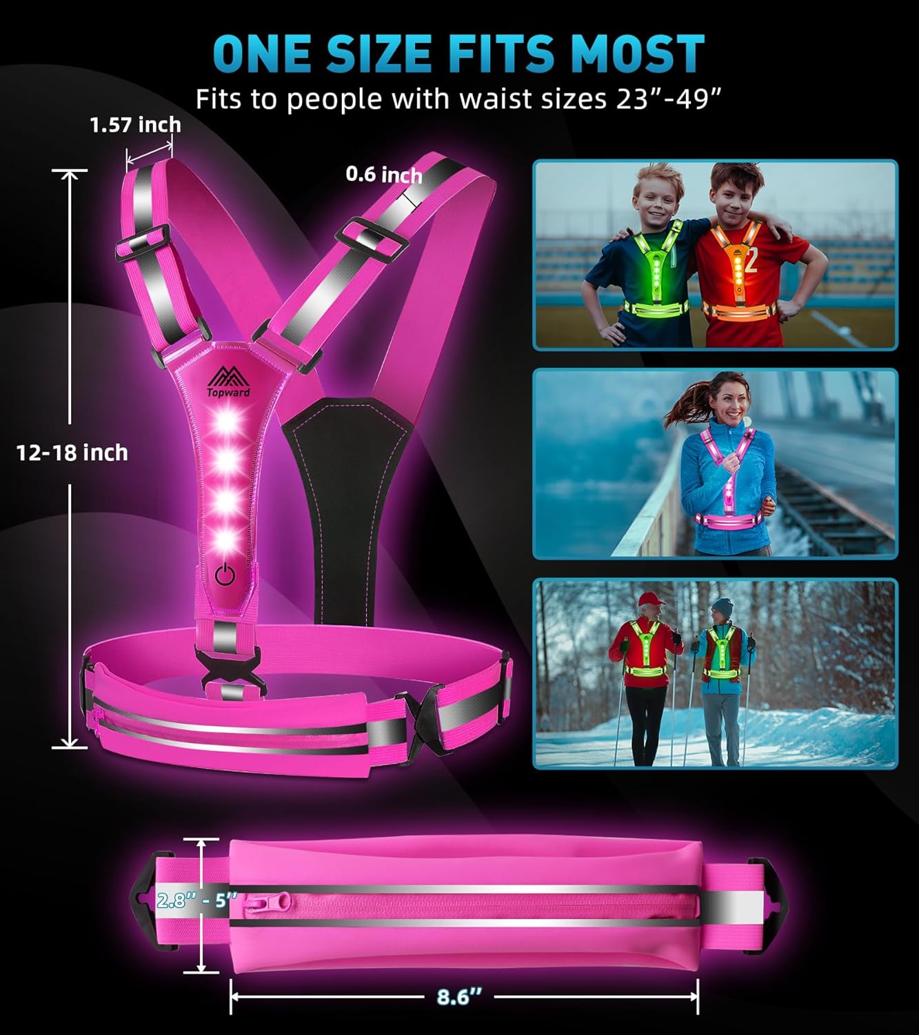Topward LED Reflective Vest - USB-C Rechargeable Running Gear for Night Safety | Adjustable Size for Runners and Dog Walkers