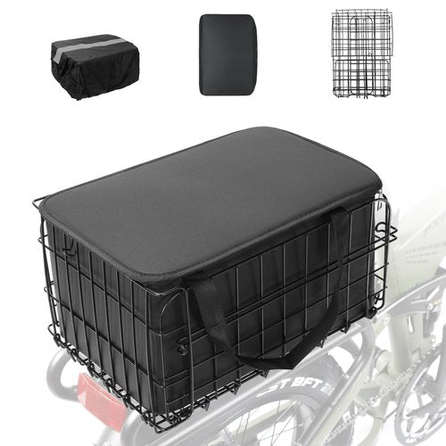 PIREKZUNT Folding Bike Rear Basket, Metal Ebike Basket Rear with PU Liner Bag and Waterproof Cover, Quick Release Design E Bike Frame for Men and Women Bicycle