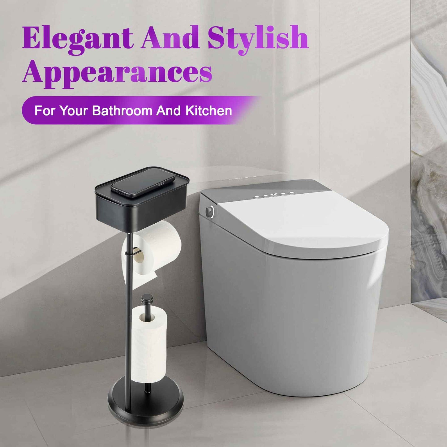 Toilet Paper Holder Stand Black, Free Standing Toilet Paper Holder with Shelf, Rustproof Toilet Paper Stand with Storage, Large Capacity Toilet Tissue Holder for Bathroom, Stainless Steel