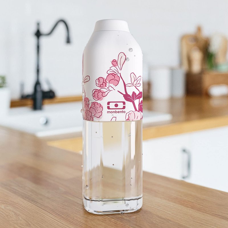 monbento - Clear Reusable Water Bottle MB Positive M graphic Magnolia - 17 floz Compact, Leakproof BPA Free Water Bottle Perfect for Work, Travel, Sport, Picnic - - Pink Flowers