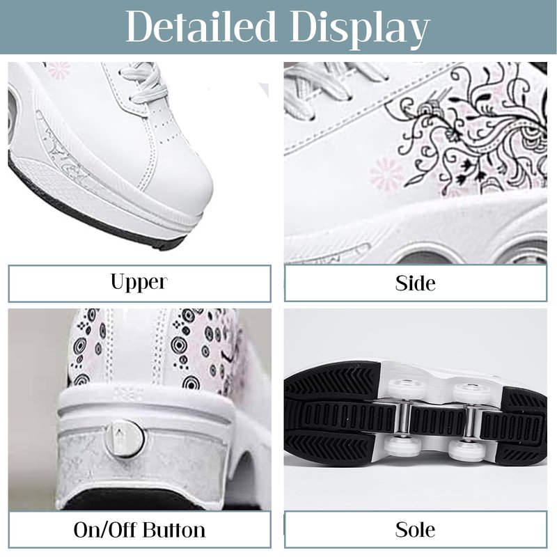 Roller Skate Shoes for Men Women, 2-in-1 Double-Row Deform Wheel Roller Skates, Boy Girl Sneakers with Removable Wheels, Indoor Outdoor Skates Shoes (White Pink, US 5.5)