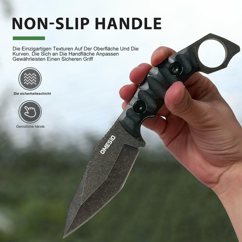 Omesio Fixed Blade Knife with Sheath, 4.13" 420 Stainless Steel Tactical Survival EDC Full Tang Knife for Hunting Hiking Men, ABS Anti-Slip Handle, Ideal for Gifting, Full Black