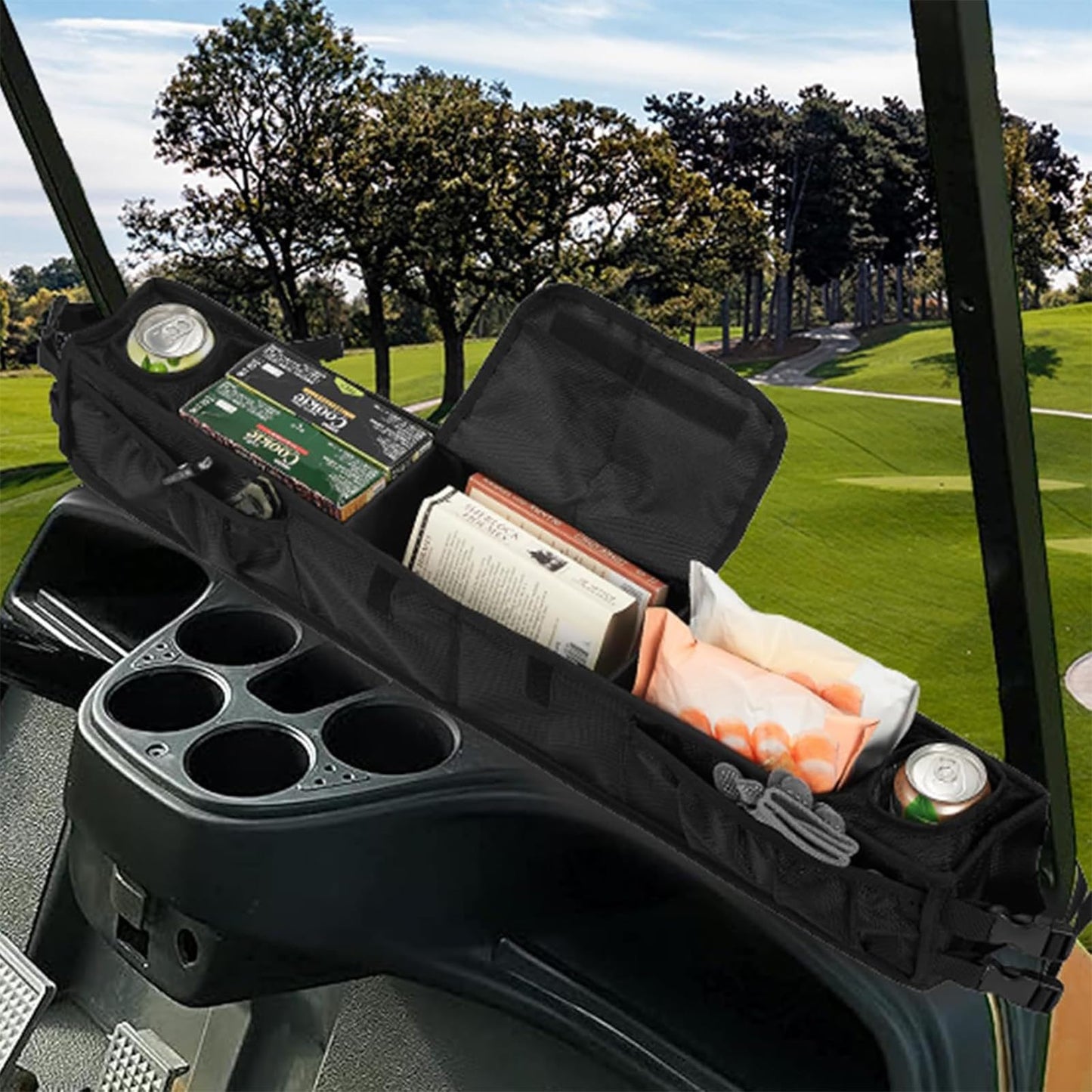 Daspom Golf Cart Storage Basket Inner Front, No-Drilling Golf Cart Organizer Bag with Insulated Cup Holders Compatible with EZGO, Club Car, Kandi Yamaha ICON