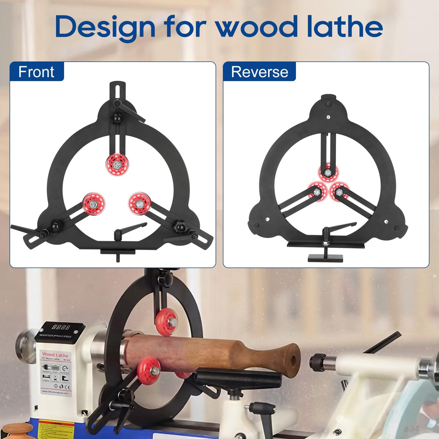 Woodturning Steady Rest for 12" Lathe Swing, Woodworking Steady Rest, 3-Point Adjustable Woodturning Steady Rest for 12 inch Swing Medium Size Lathe