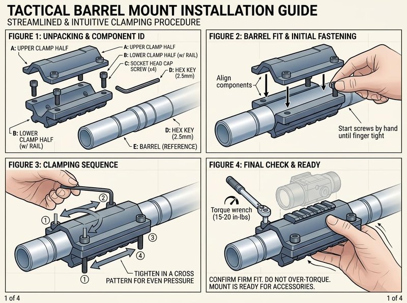 360 Tactical Shotgun Single Rail Barrel Mount 5 Slots 2.5" Two Piece Design Clamps To Barrel Diameters .75" to 1.1" Five Slot Barrel Mount