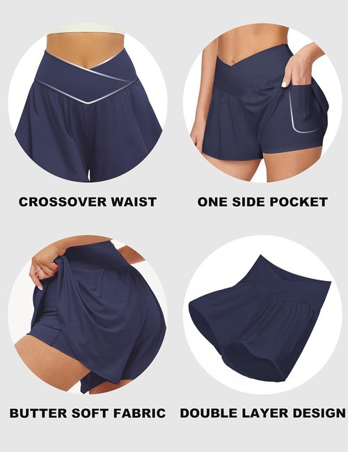 FireSwan Crossover Athletic Shorts - 2 in 1 Flowy Running Shorts with Pockets | Spandex Butterfly Skorts