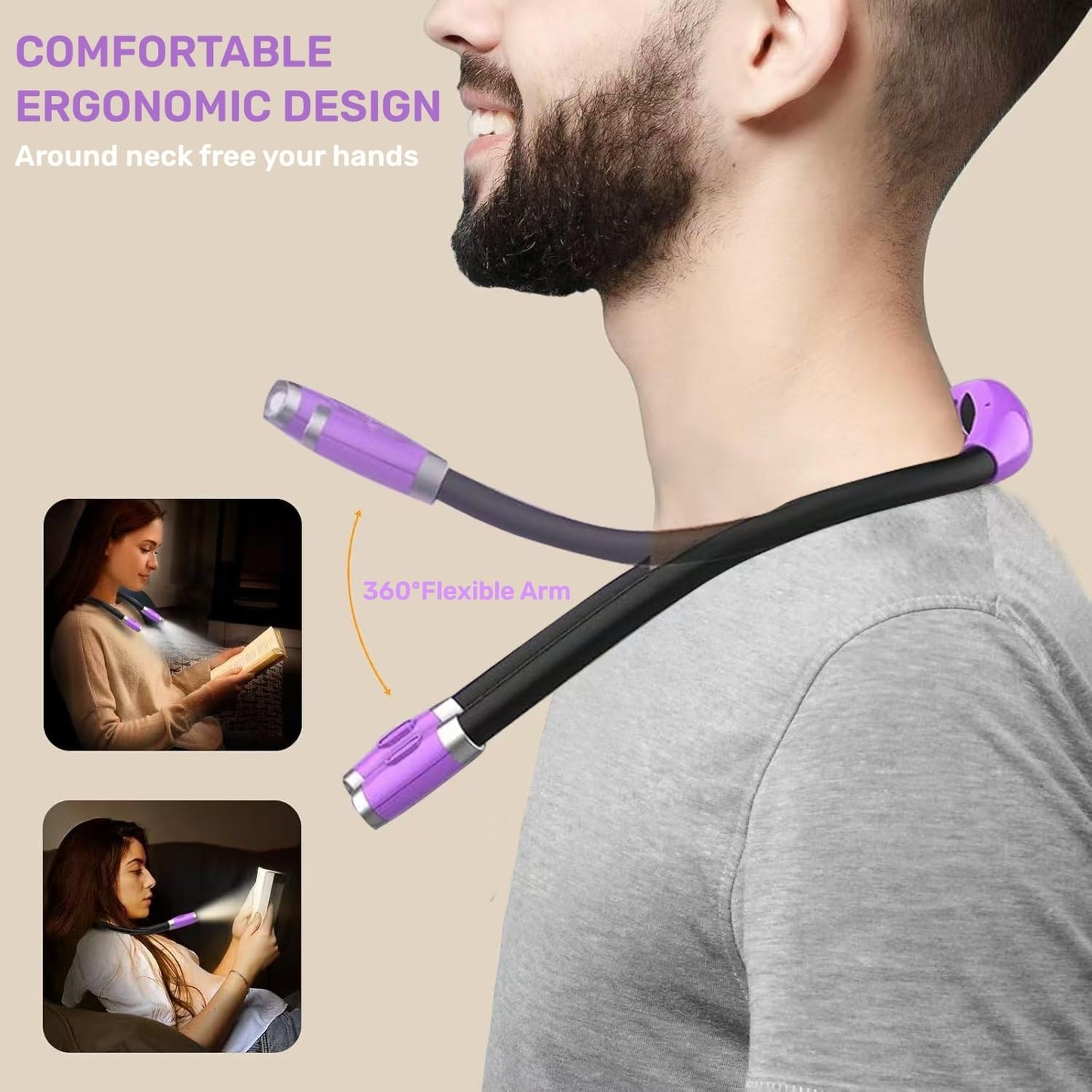 LED Reading Light, Rechargeable 4 LED Neck Book Light, Flexible Neck Lamp for Reading in Bed or Car with Adjustable Brightness, Ideal for Bookworms Kids Crafts Knitting Travel or BBQ (Purple)