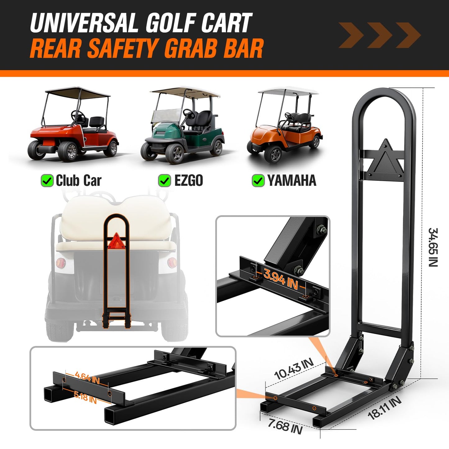 GODCTSUP Golf Cart Rear Seat Grab Bar, Fits Club Car EZGO Yamaha(2+2) /(4+2) Passenger Golf Cart with Metal Footplates, Universal Golf Cart Safety Grab Bar, Detachable & Easy to Install