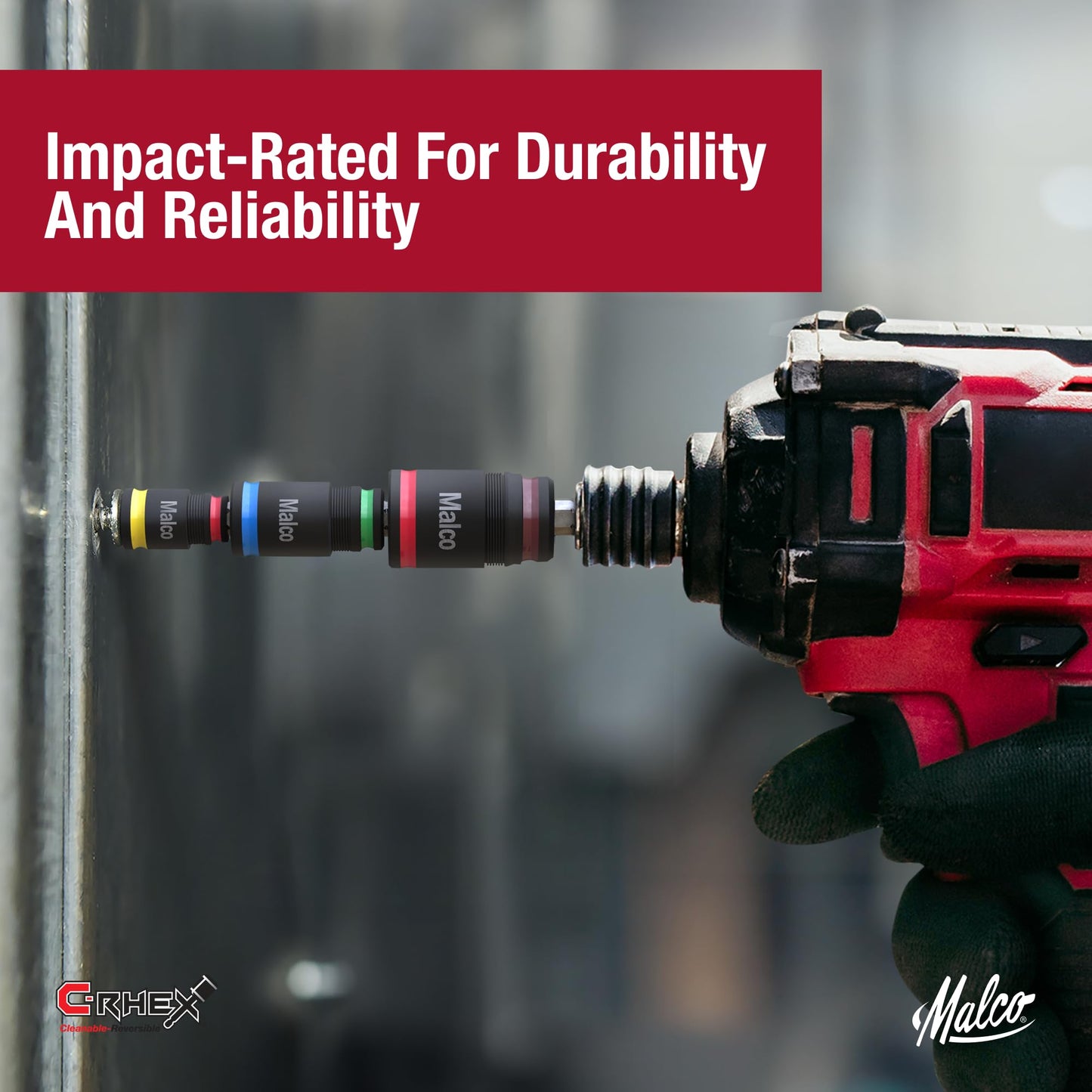 Malco 7-in-1 C-RHEX Flip Bit Socket Set with 3 cleanable, reversible, and stackable, color-coded sockets featuring an ultra-powerful magnet and a #2 Phillips integrated driver head. Impact Rated.