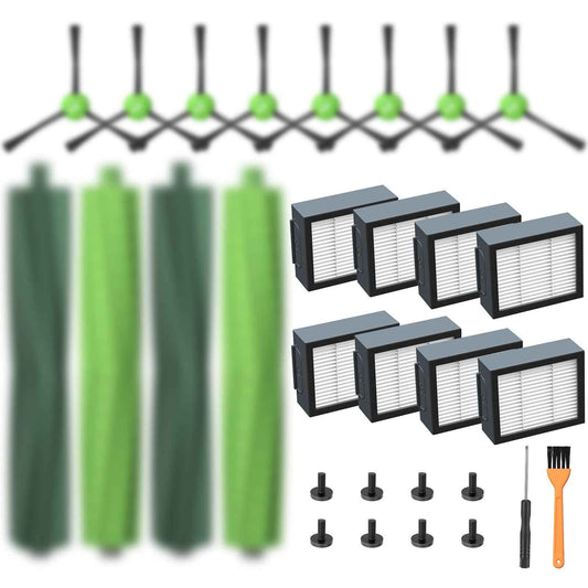 Replacement Parts for iRobot E, I & J Series, Combo i5, j5 Robot Vacuum Accessories Kit Include: 2 Set of Multi-Surface Rubber Brushes + 8 HEPA Filters + 8 Edge-Sweeping Brushes