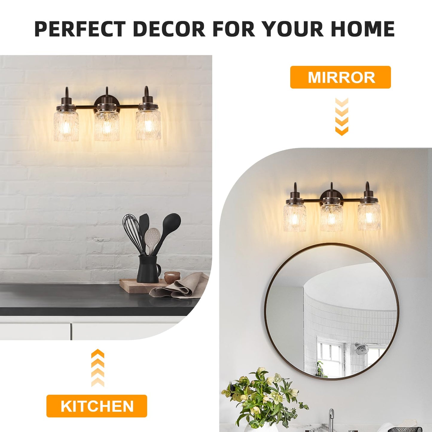 AMRUIPO 3 Lights Bathroom Vanity Light, Oil Rubbed Bronze Bathroom Light Fixtures with Hammered Glass Lampshade for Dressing Table,Over Mirror,Hallway