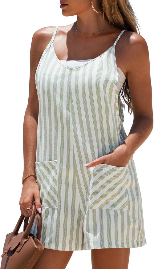 EXLURA Women's Casual Sleeveless Romper Dress - Loose Cotton Striped Jumpsuit for Summer Beach Outfits