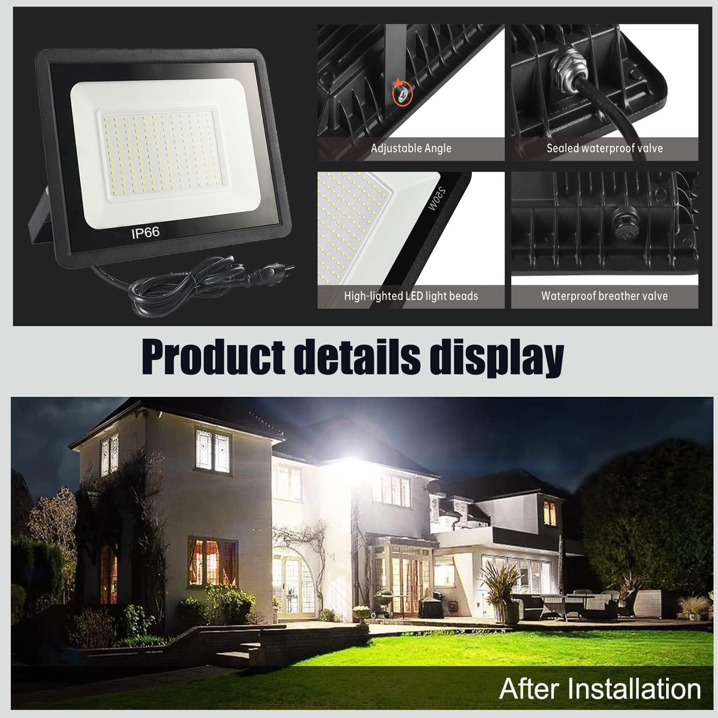 MUCLUD 2Pack LED Flood Light Outdoor,250W LED Work Light 25500lmwith 6FT US Plug,IP66 Waterproof Exterior Security Lights,6000K Daylight White Outside Floodlights Slim Design for Playground Yard