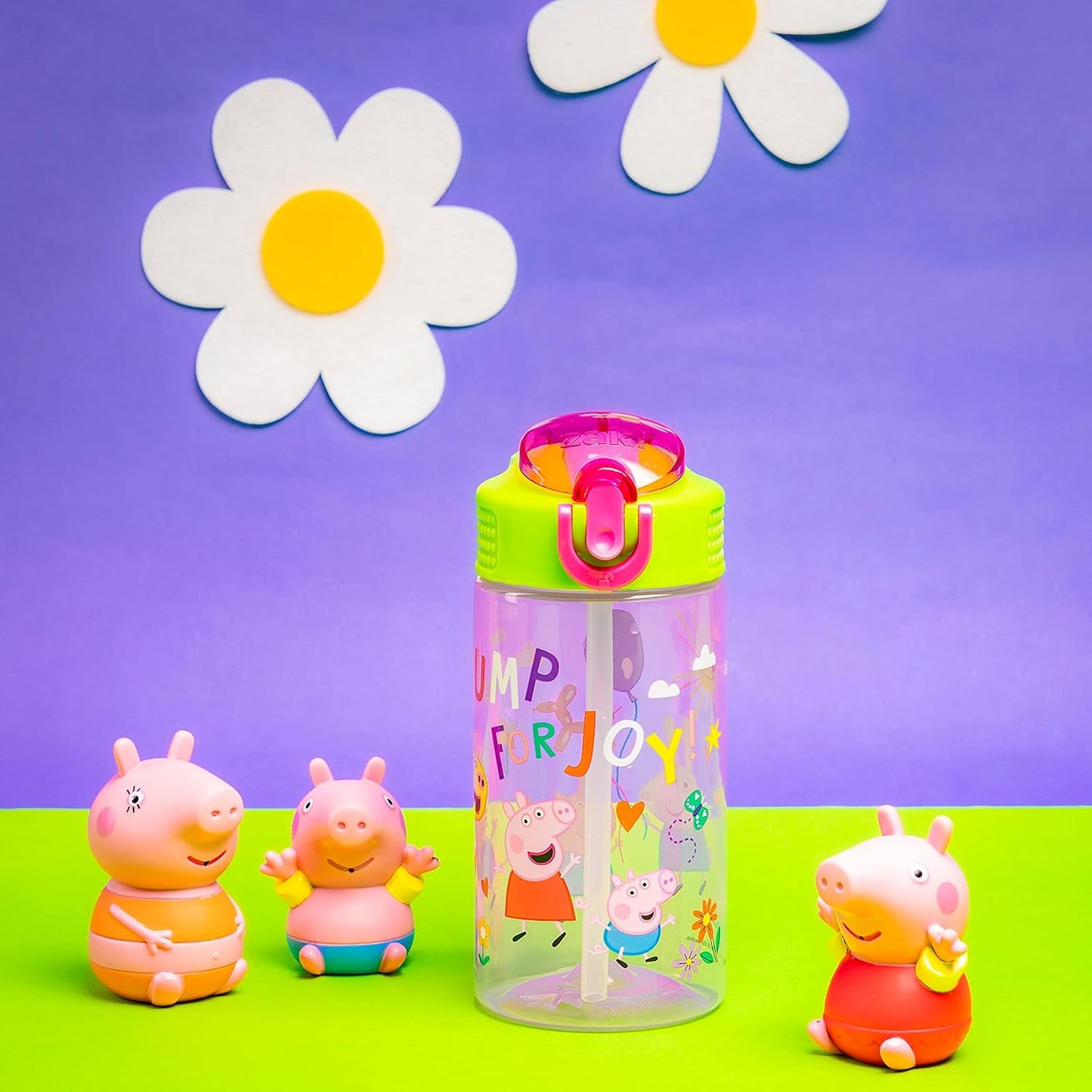 Zak Designs Peppa Pig Kids Water Bottle - 16oz Durable Plastic with Straw, Handle & Leak-Proof Design