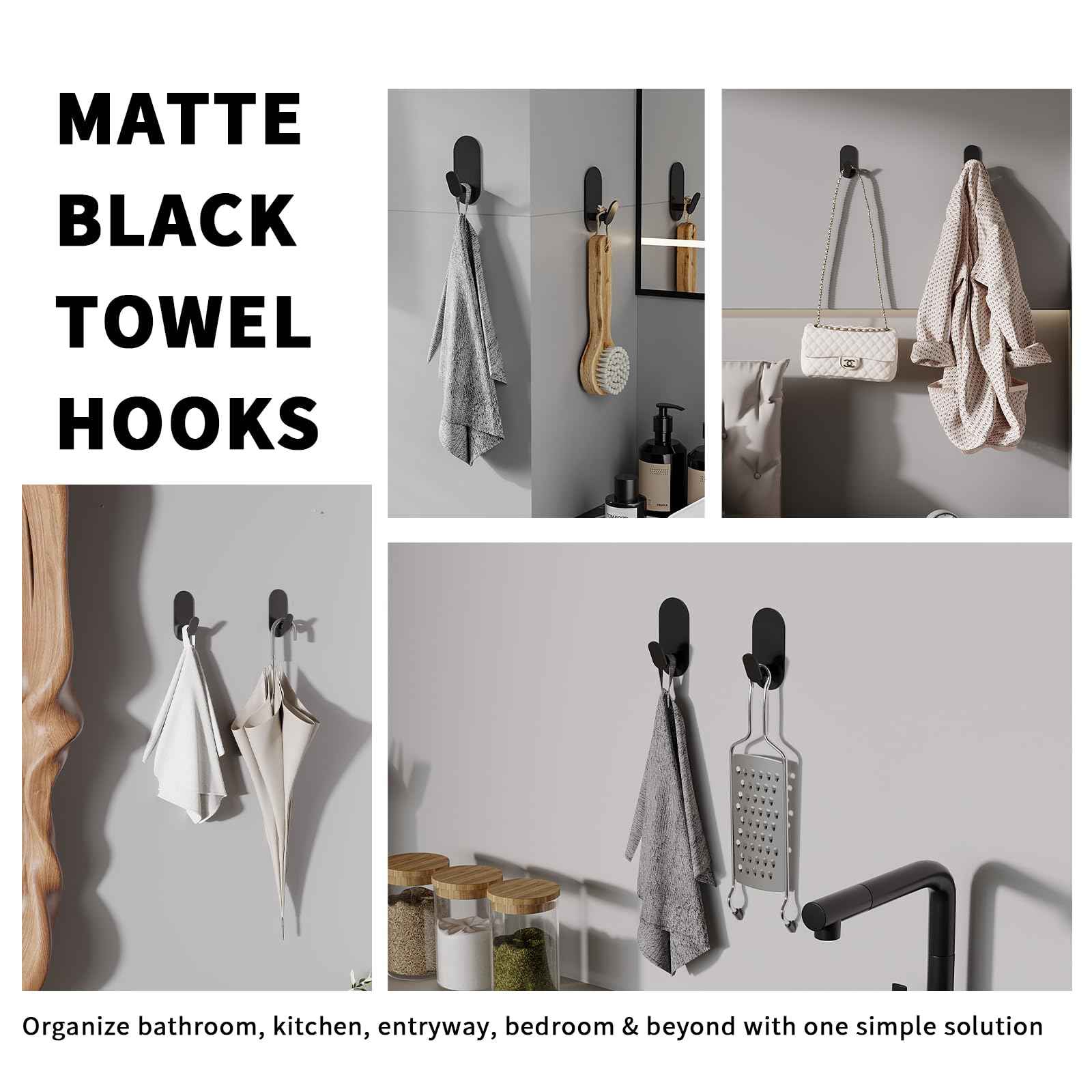 WZRUA Adhesive Towel Hooks for Bathrooms 4 Pack Matte Black Stainless Steel and Zinc Alloy Sticky Wall Hooks for Hanging Heavy Duty Self Adhesive Robe Shower Hanger for Kitchen, Closet, Cabinet, Door