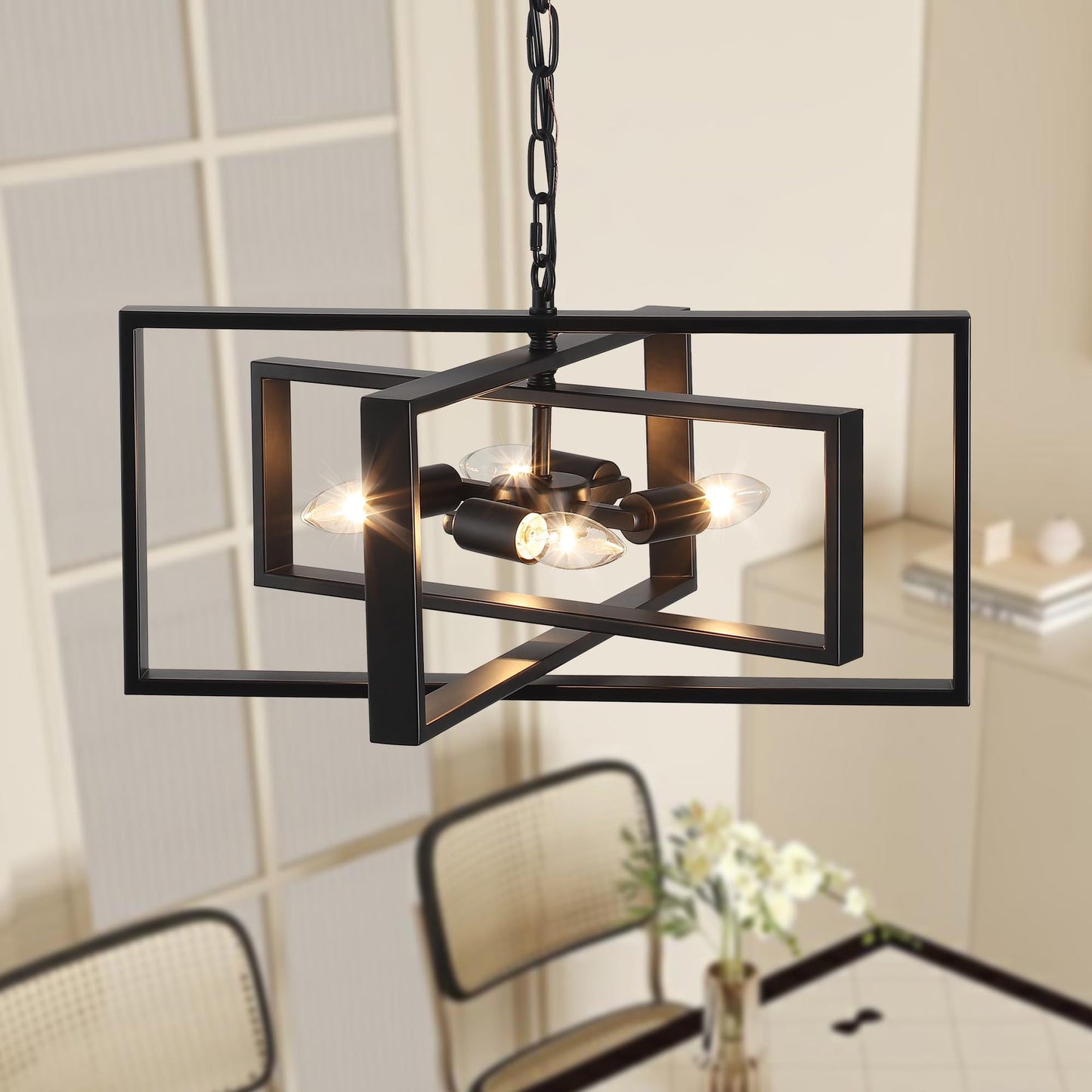 Bosomfr 19.7'' Modern Chandelier 4-Light, Black Farmhouse Light Fixture Cross Chandeliers for Dining Room Living Kitchen Island Bedroom Living,Rectangular Metal Industrial Hanging Ceiling Lighting
