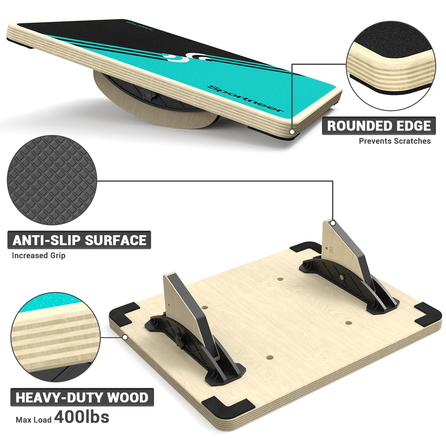Sportneer 2-in-1 Balance Board – Adjustable Wobble & Slant Board for Core Strength, Stretching, Rehab, Standing Desk, Home Gym Workout (Turquoise)