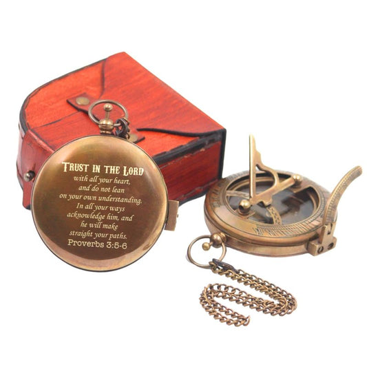 Trust in The Lord Sundial Compass Gift with Leather Case Bible Verse Proverbs 3 5-6, Baptism - Graduation - Religious - Keepsake - Communion Gifts