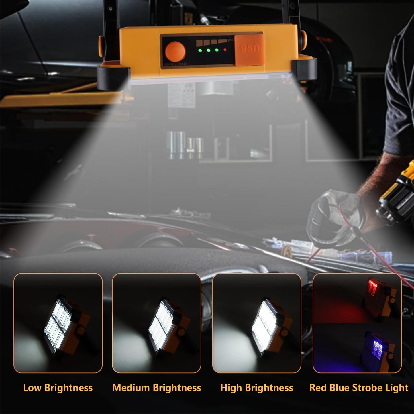 120W Solar Rechargeable Work Light, 144 LED 10000LM Portable Flood Light with Stand, IP66 Waterproof 4 Modes LED Job Site Lighting Flashlights for Mechanic Camping Fishing Car Repair