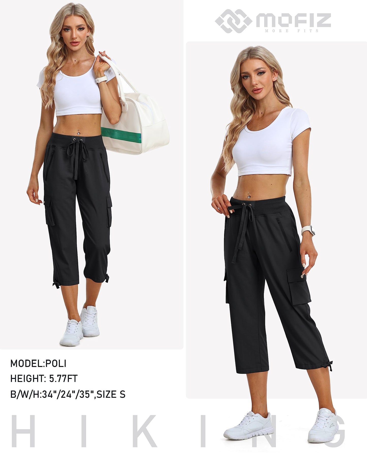MoFiz Women's Cargo Capris Pants Loose Fit Casual Hiking Pants Lightweight Quick Dry Travel Summer Pants for Women Black M