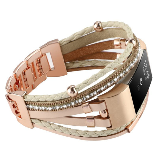 Posh Leather Band Compatible with Fitbit Charge 2 Bands, Boho Handmade Bracelet Multilayer Wrap Layered Wristbands Compatible for Women (Khaki with Rose Gold)