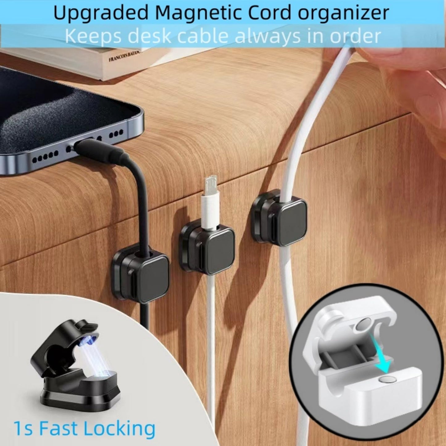 10 Pack Magnetic Cable Clips,Adjustable and Convenient Cable Management, Wire Holder Organizer, Conceal or Arrange Phone USB Charger Cables for Home, Office, Car, Desk, or Nightstand. (Black)