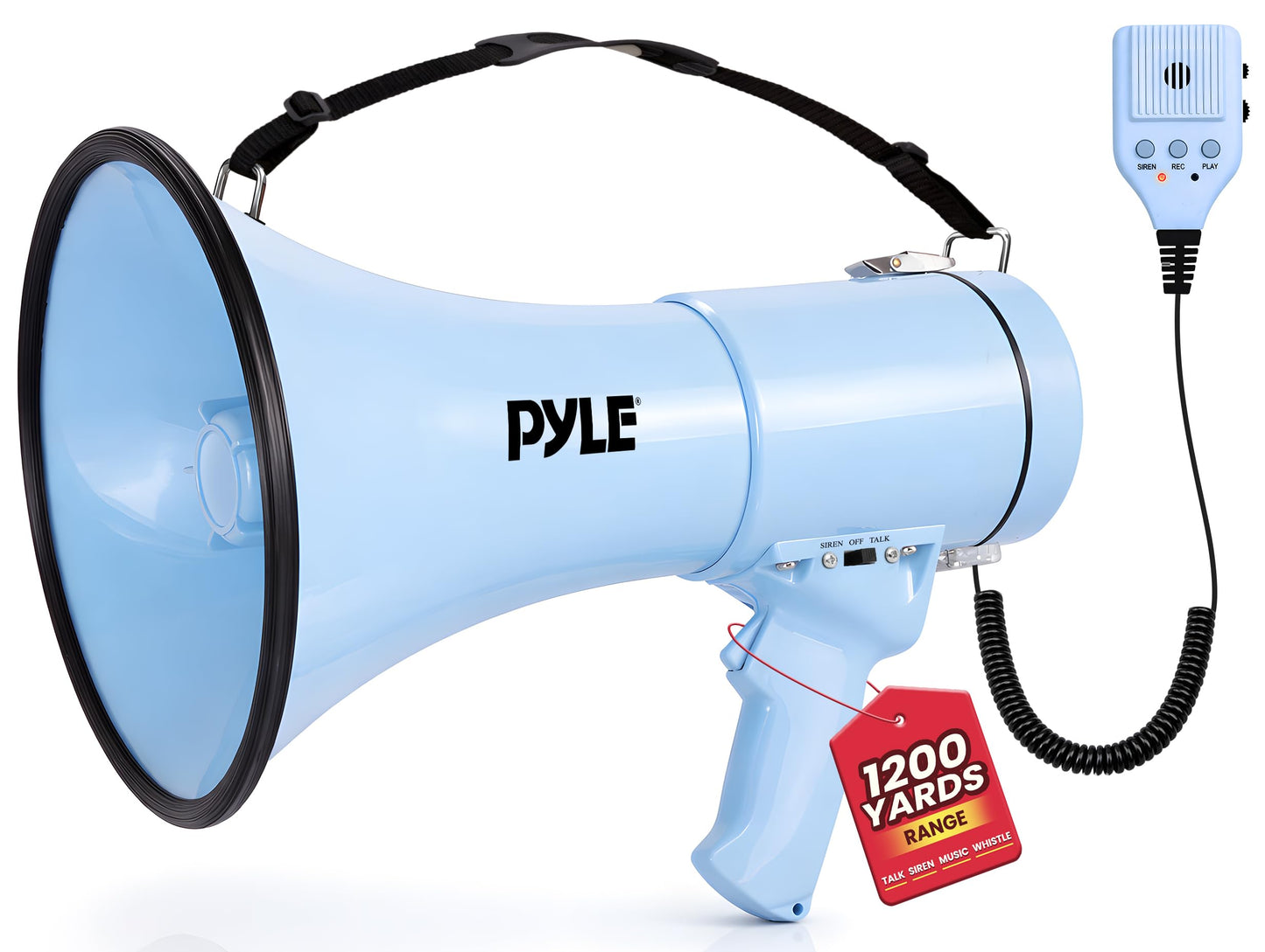 Pyle 50W Megaphone Bullhorn - Portable, Automatic Siren & Adjustable Volume, Projection Range Up to 1200 Square Yards, Aux Input, Talk, Siren, Music, Whistle, & Record, Shoulder Strap