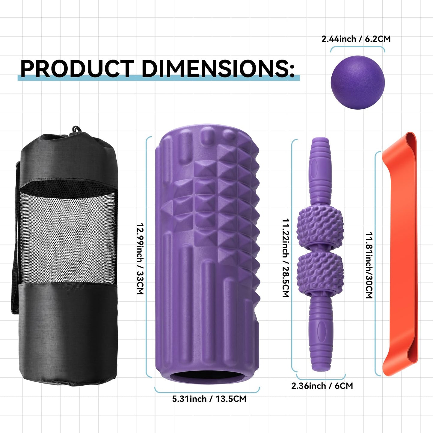 Zmarthumb 5 in 1 Foam Roller Set, High Density Fitness Exercise Foam Roller for Deep Tissue Muscle Massage, Massage Roller, Massage Ball, Resistance Band, for Whole Body(Purple)