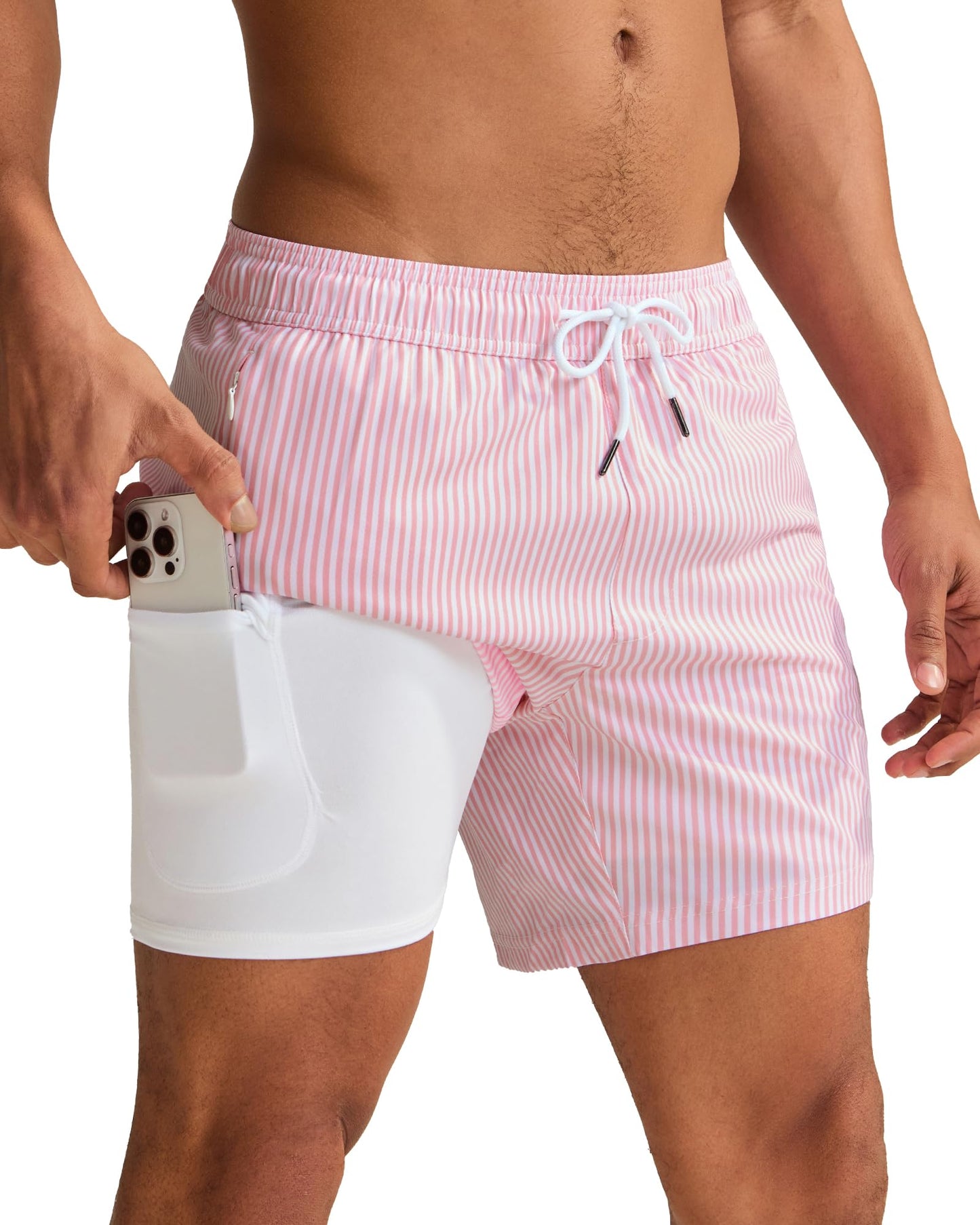 maamgic Mens Swim Trunks with Compression Liner 5 Inch, Quick Dry Bathing Suit with Zipper Pockets, Stretch No-Chafing Swim Shorts, Pink White Stripe X-Small